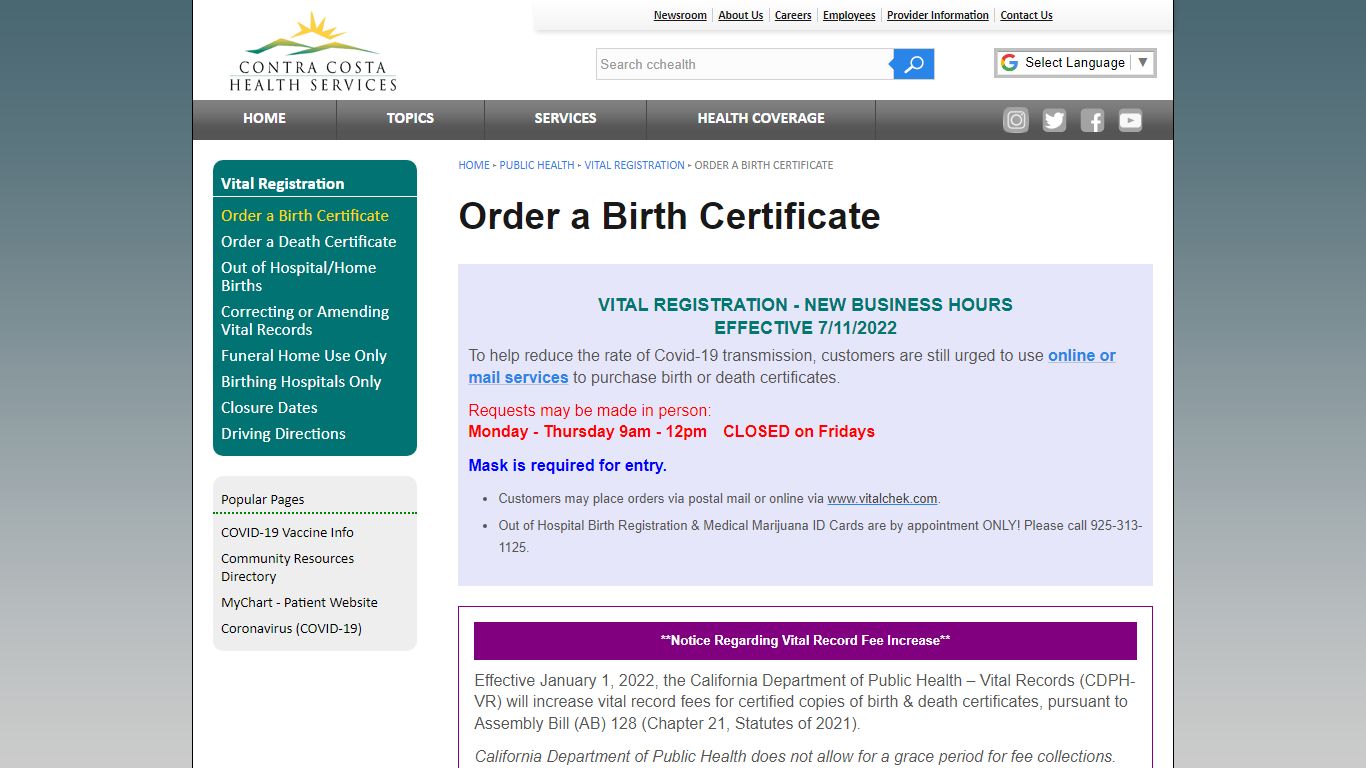 Order a Birth Certificate :: Public Health - Contra Costa County